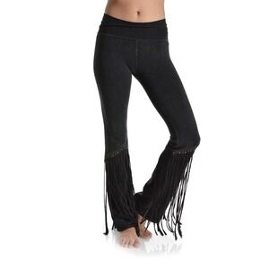 TParty Fringe Studded Rollover Waist Flare Yoga Pant Acid Wash Black Medium